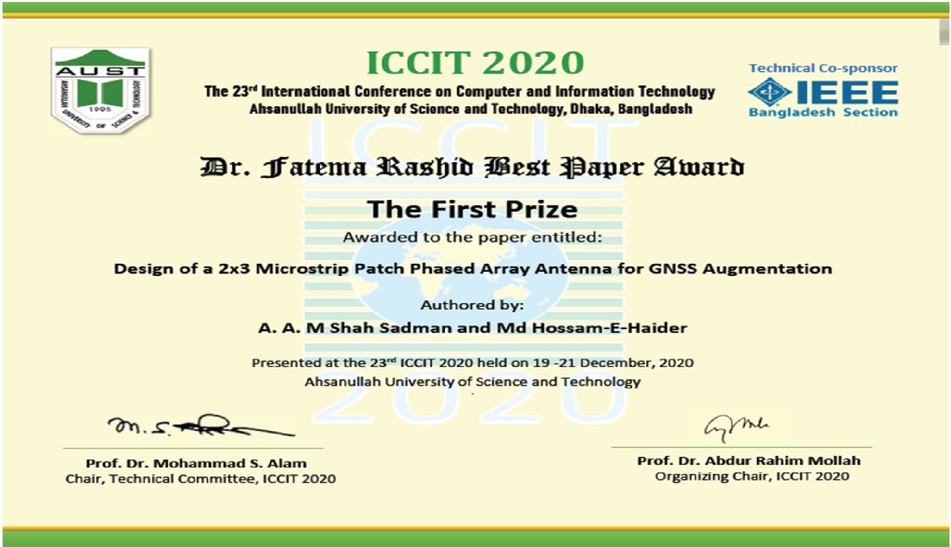 1st Prize of Dr. Fatema Rashid Best Paper Award in 23rd International Conference on Computer and Information Technology (ICCIT)